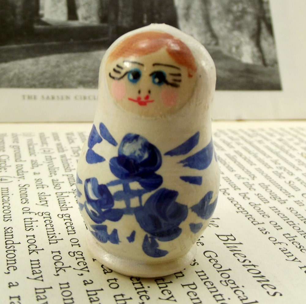 Blue and white Russian matryoshka doll pendant