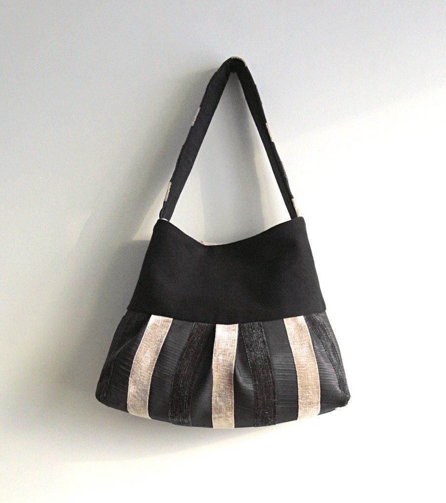 Beige Black Anthracite Pleated Handbag / Purse by DelindaBoutique from etsy.com