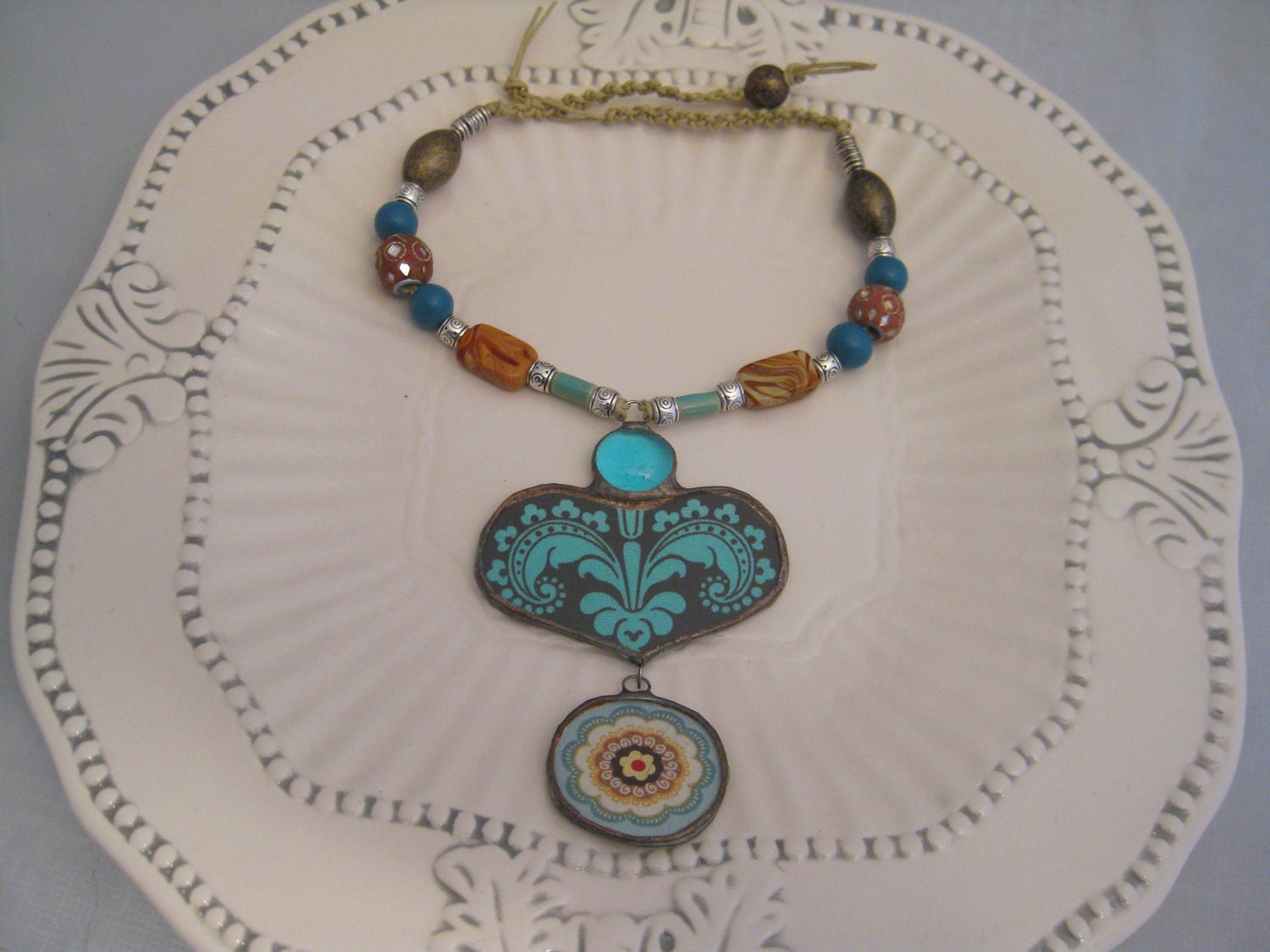 Aqua and Brown 7 Silver Soldered Glass Drop Necklace