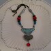 Aqua and Brown Silver Soldered Glass Necklace with Red Accents