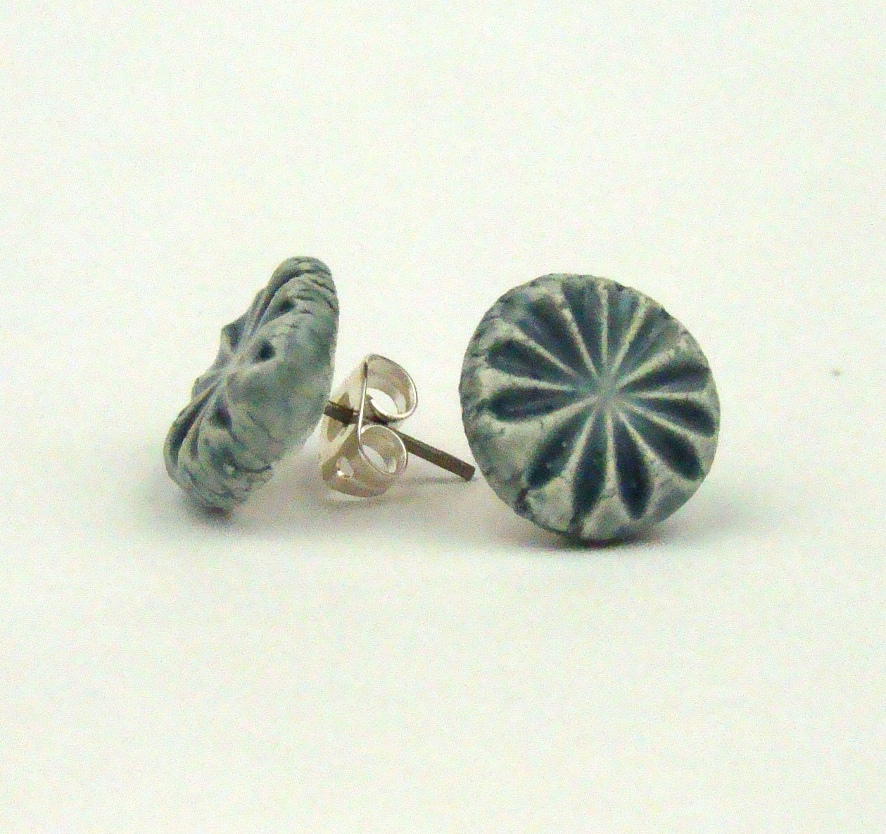 Denim Blue Stud Earrings. Ceramic Post Earrings Burst