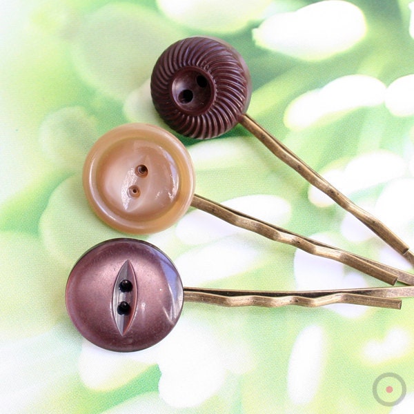 SALE // Brown Button Hair Bobby Pin trio