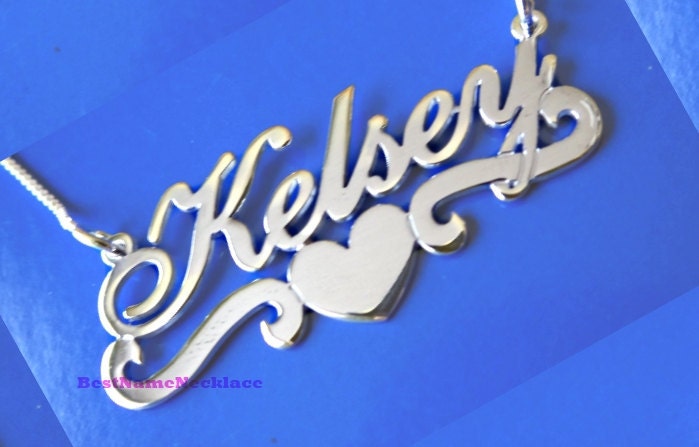 Best Quality Name Necklace with heart-Double Thick Silver--Elegant Name Necklace with Any Name up to 13 Letters,
