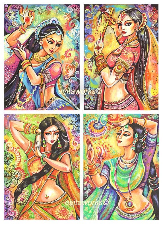 India, Dance, Dancer, Woman, Indian, Girl, Costume, Beautiful, Goddess, Bollywood - Set of Four 5x7 Art Prints by Evita
