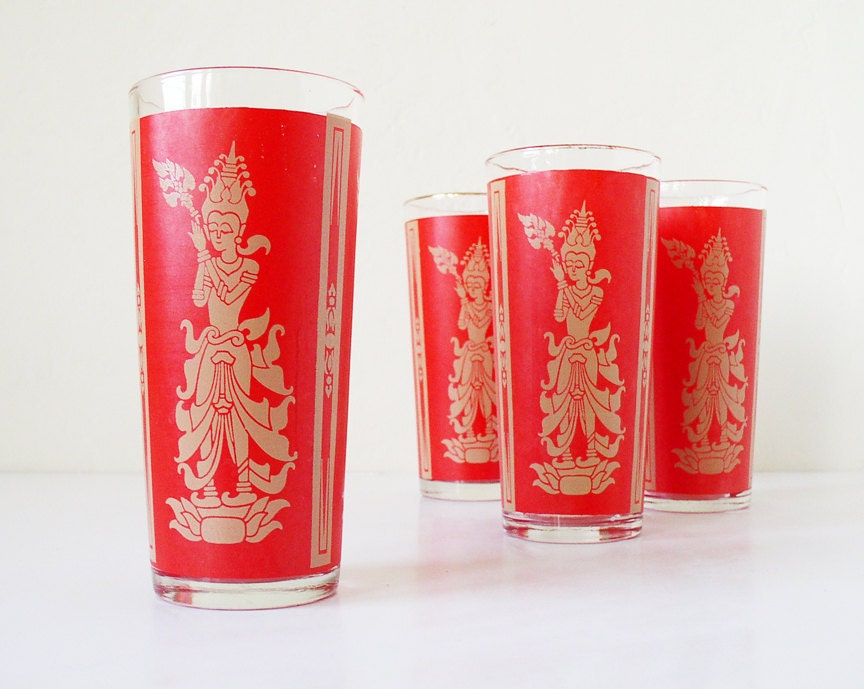 Vintage red and gold Asian glass tumblers