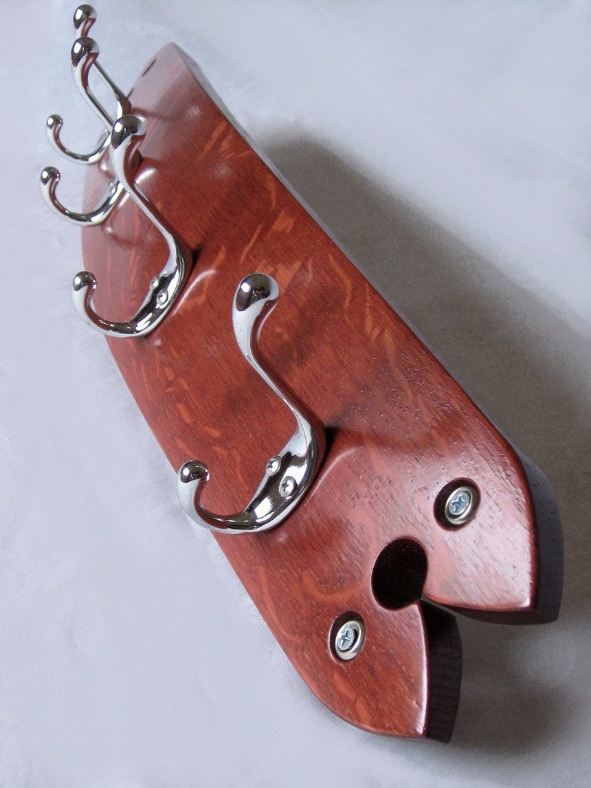 The Caravel, Finest recycled oak wine barrel stave coat rack, 4 hat and coat hooks, elegantly recycled wood, choose your color
