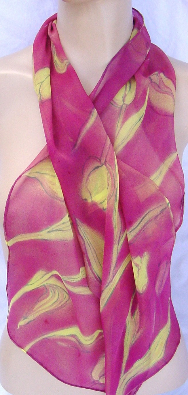 Silk chiffon scarf Yellow Ruby Tulip hand painted dyed spring
