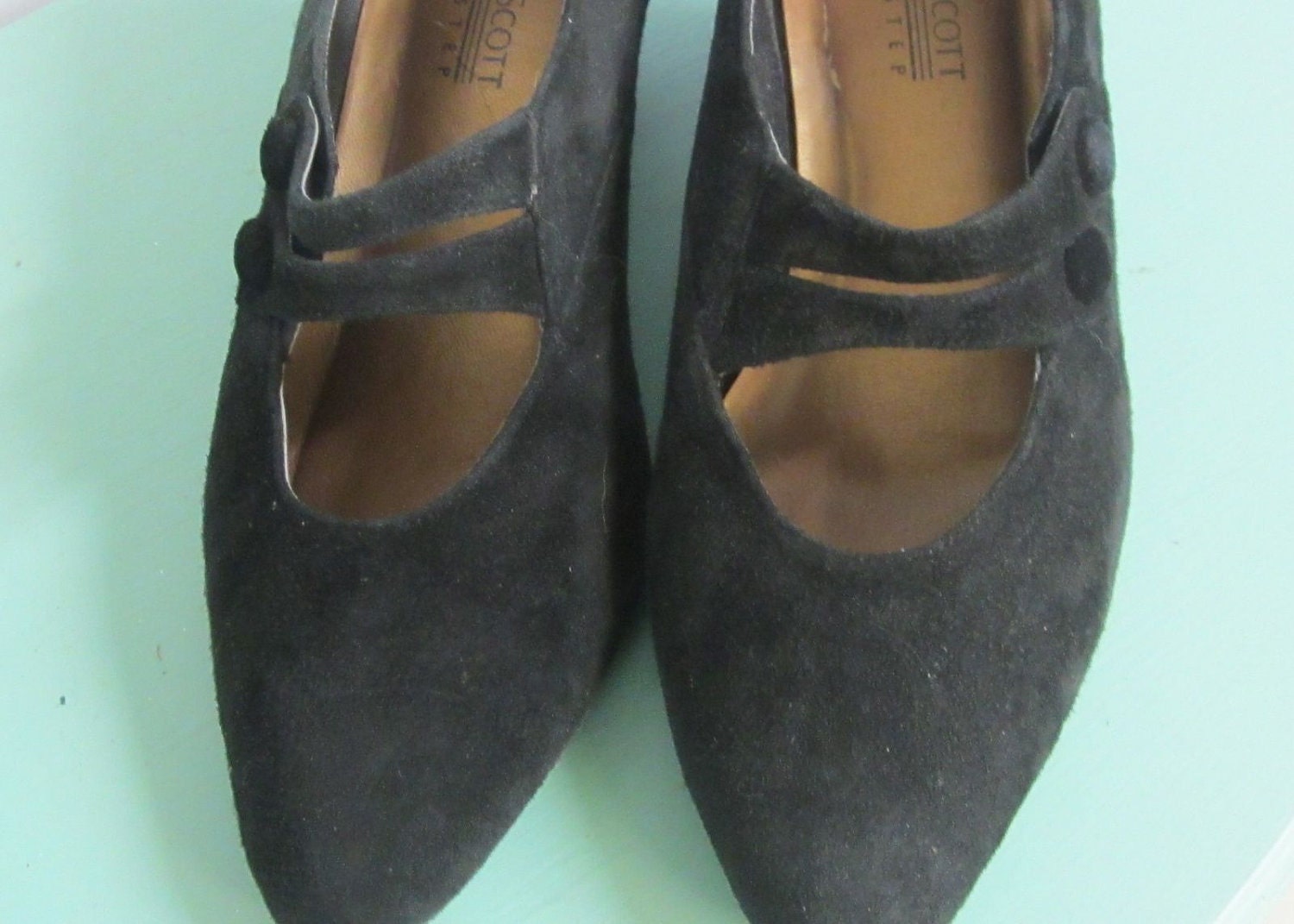 Vintage Karen Scott Soft Step Black Suade Pumps with Button Detail