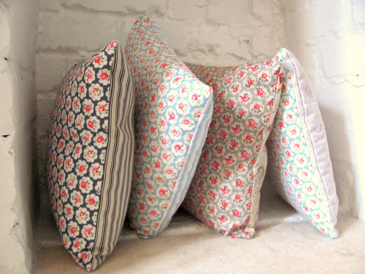 Cushion. Light Blue Floral & Light Blue Stripes. Cath Kidston. Discount on Multiples.