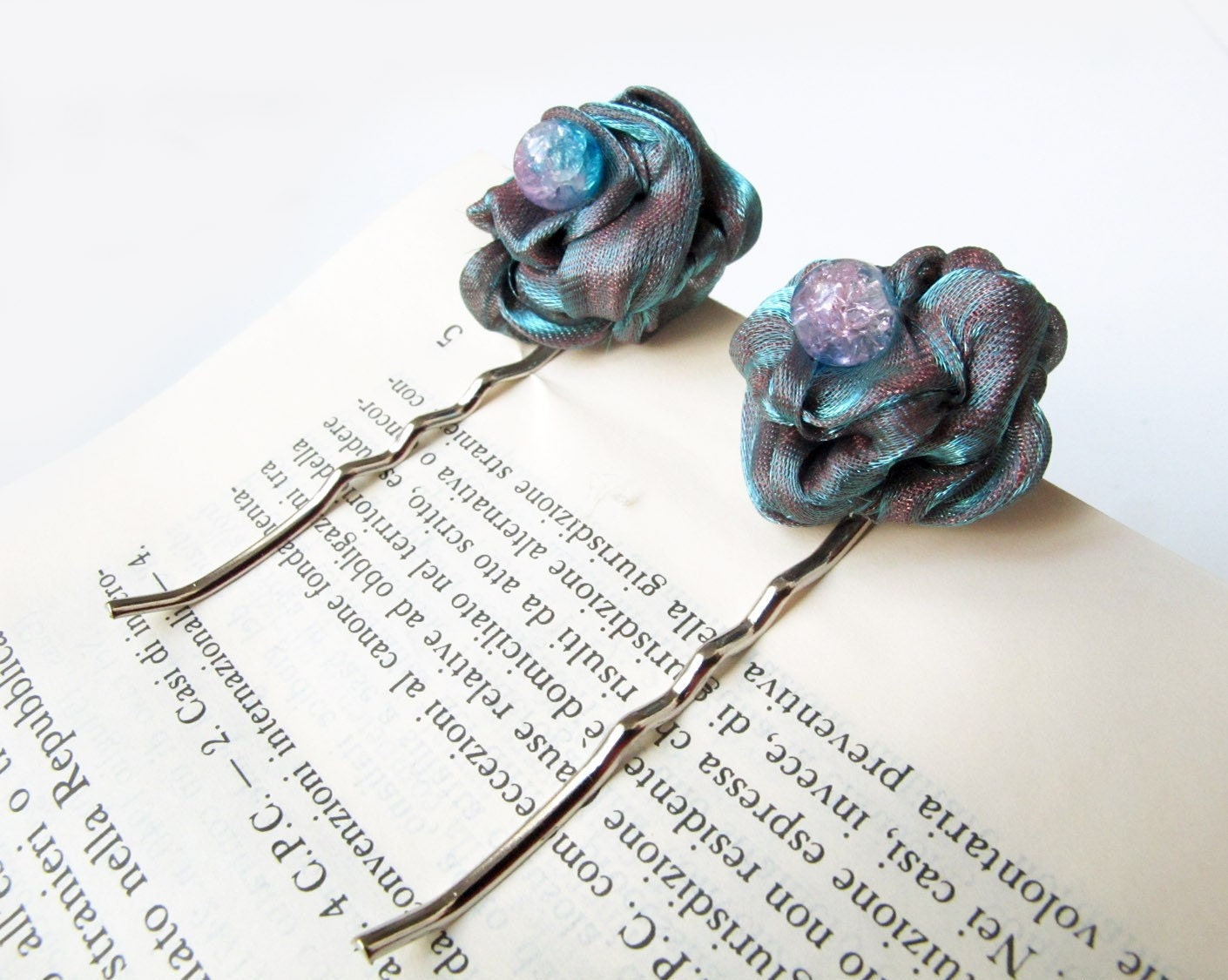 Organza flowers hair clips bobby pins - set of 2