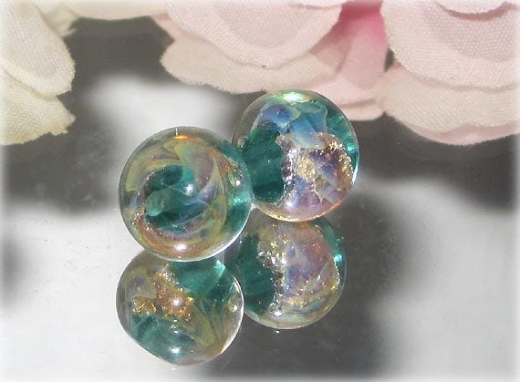 Lampwork Glass Round Bead Pair- Bastets Beads SRA- Sea Opals