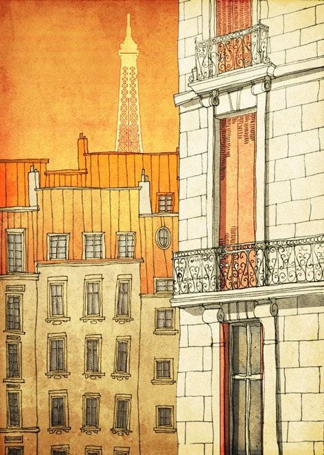 Paris's windows  - Paris illustration - Paris art illustration print - Paris decor -Love ,orange, beige, France, French