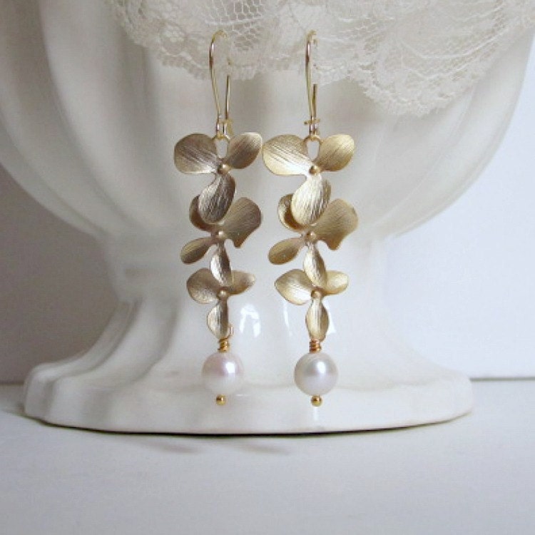 Drop Earrings  Orchid Flower Earrings  Pearl  by SnobishDesign