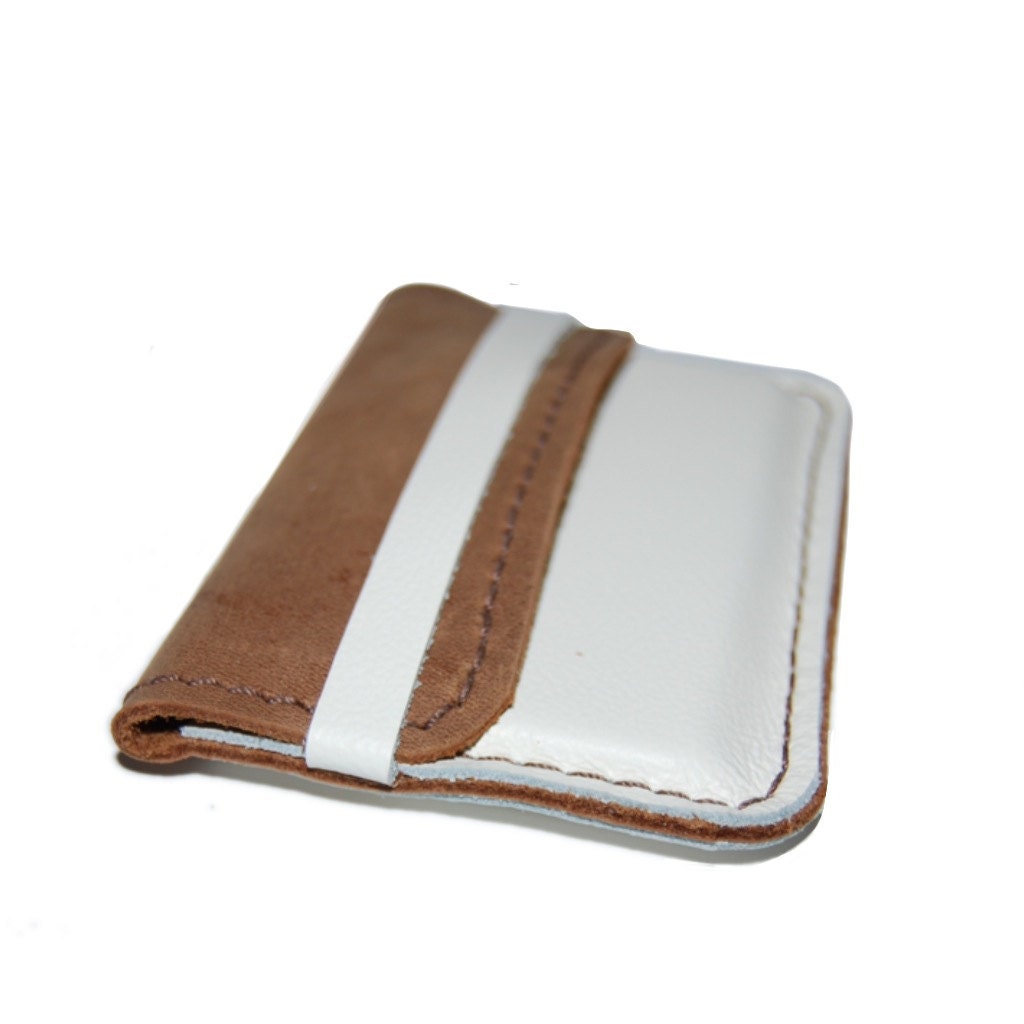 Brown Distressed and White Leather Credit Card Case