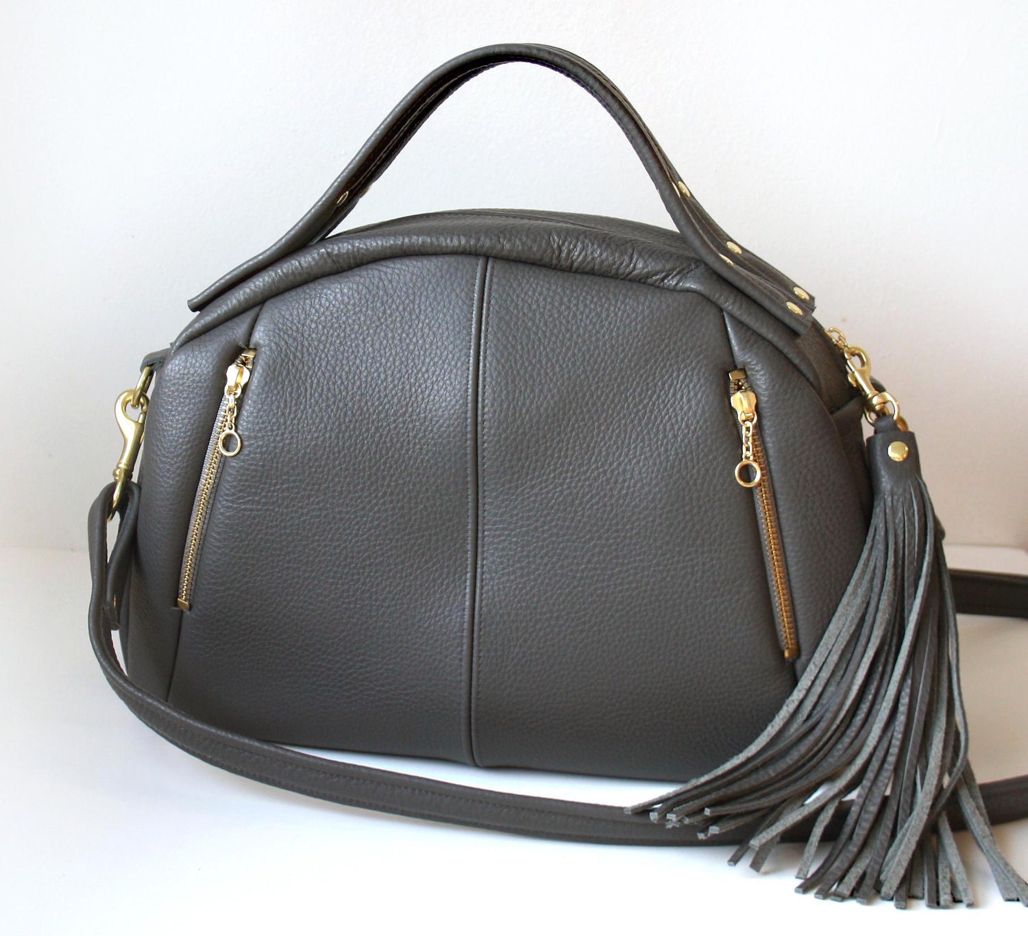 Gray Leather Handbag - OPELLE Baby Botanist Bag - soft Pebbled Leather purse in Smoke