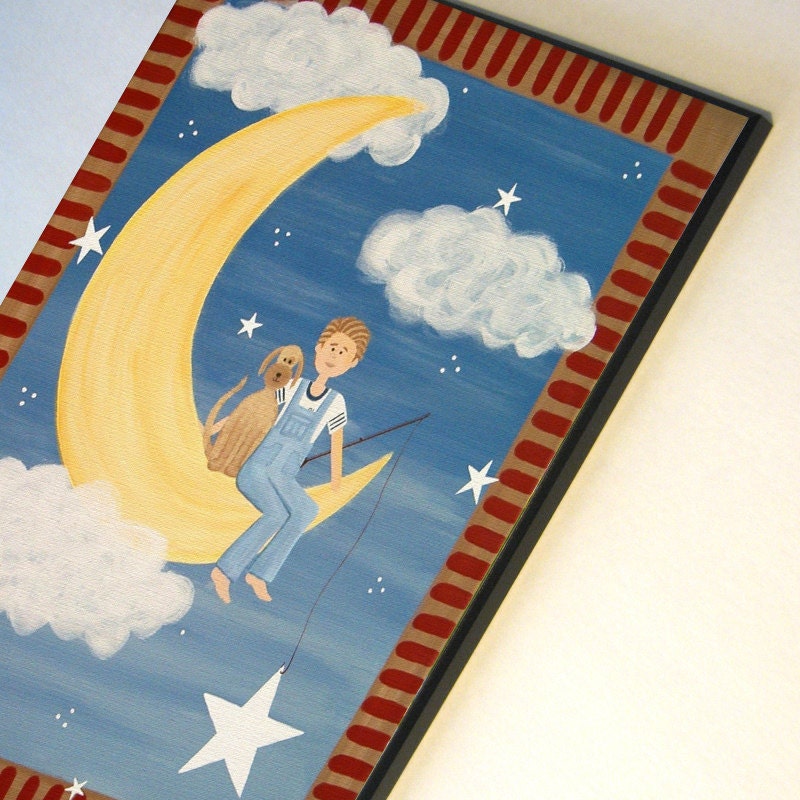 Boy & Dog Fishing on Moon Kids Wall Art for Kids Room Art - Wood Mounted Boys Kids Art Prints from Original Paintings by TwoLittleWitches