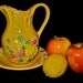 Vintage Cottage Chic Japanese Pottery Pitcher w/Matching Plate-Whimsy Yellow w/Pineapple, Exotic Fruit & Flower Design-Home or Kitchen Decor