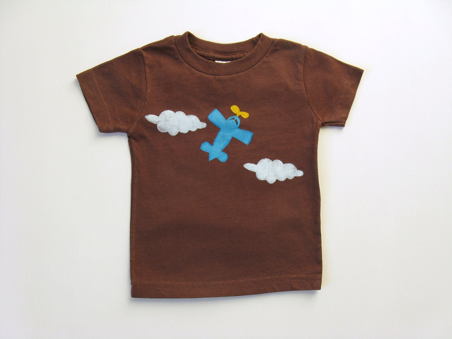 Shirt Airplane Brown Boys Short Sleeves Hand Painted Cotton Blue Plane