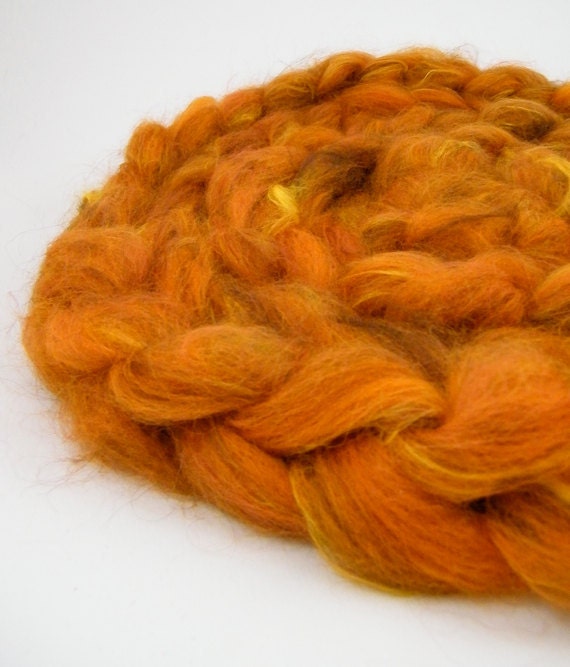 Orange Wool Roving, Spinning Fiber- Fireball BFL, Alpaca Shetland, Bamboo 100g