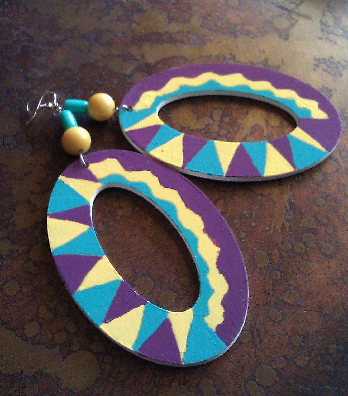 Zig Zag and Diamond Hand Painted Wooden Beaded Dangle earrings
