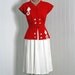 1940's Vintage Ruby-Red & Ivory-White Linen Designer-Couture Hourglass Art-Deco Belted Nipped-Waist Hourglass Pleated Swing-Skirt Sun Dress