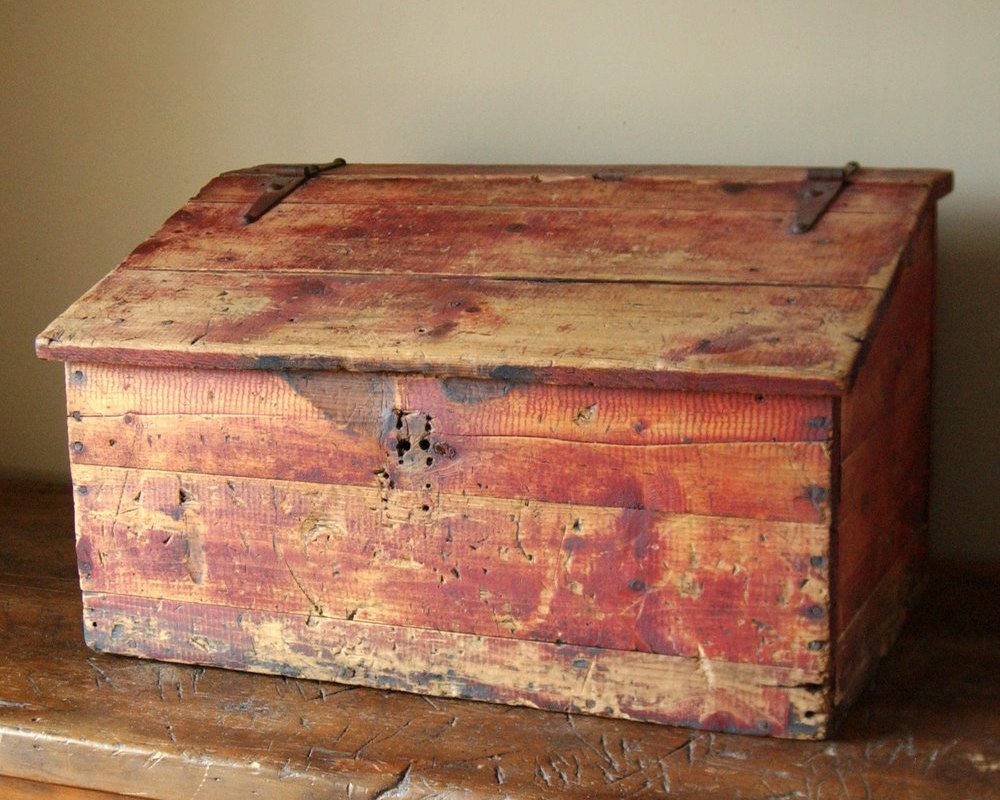 Primitive Red Stained Painted Document Box Storage Trunk Bench