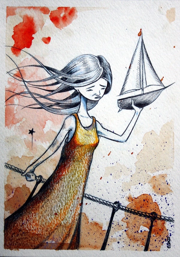 Girl with a Boat ORIGINAL 5x7 mixed media illustration
