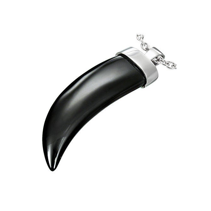 Stainless Steel Horn Tusk Pendant  Black Agate Stone