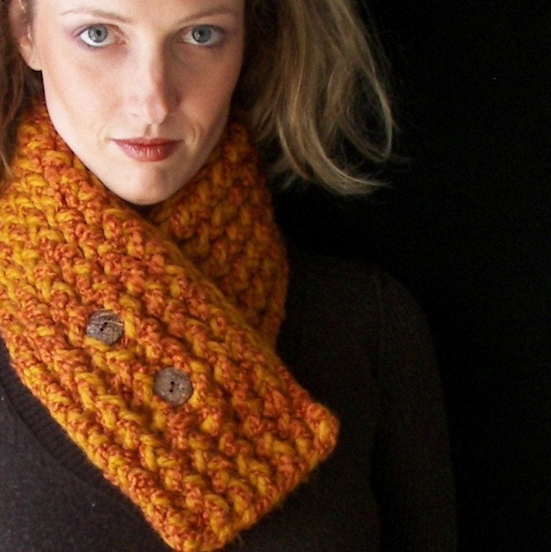 Funky Burnt Orange Cowl- Neckwarmer with Organic Buttons OR Tree Branch Buttons