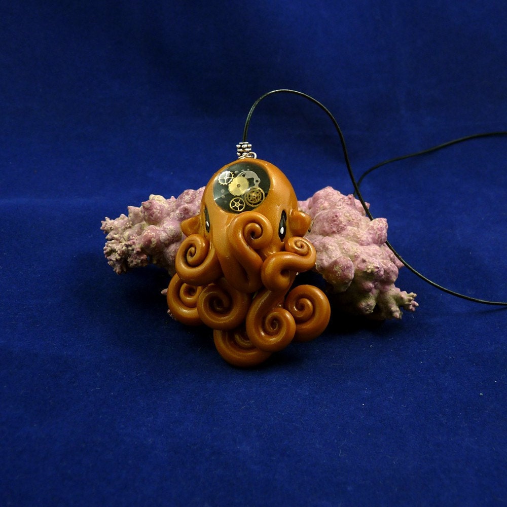 Brass Steampunk Octopus Necklace - Polymer Clay Cephalopod Pendant