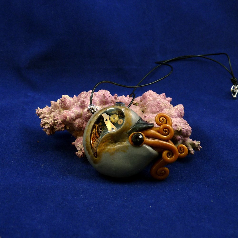 Steampunk Nautilus Necklace - Polymer Clay Neo-Victorian Cephalopod Jewelry