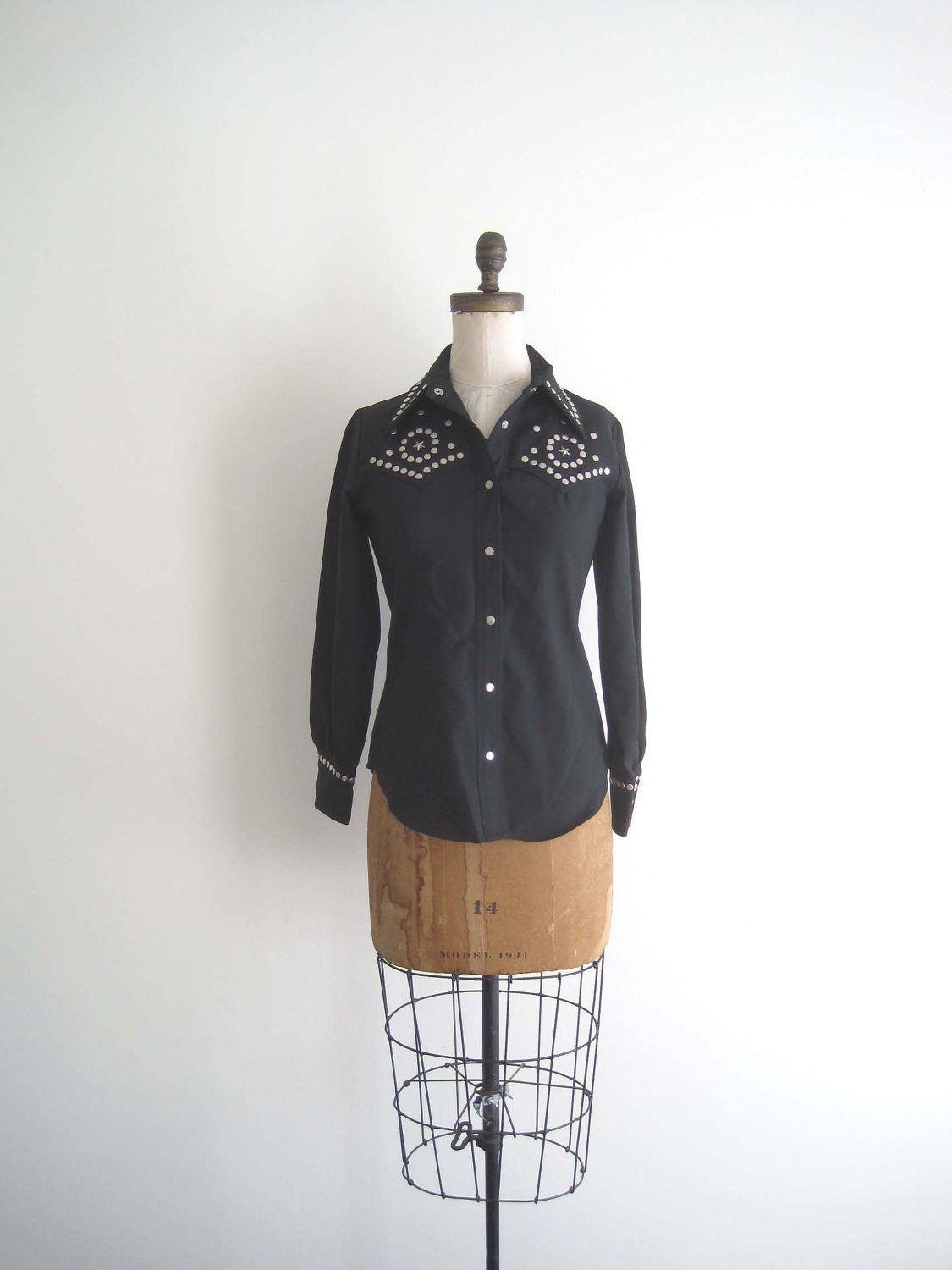 vintage 1970s blouse / black  ( STAR STUDDED )