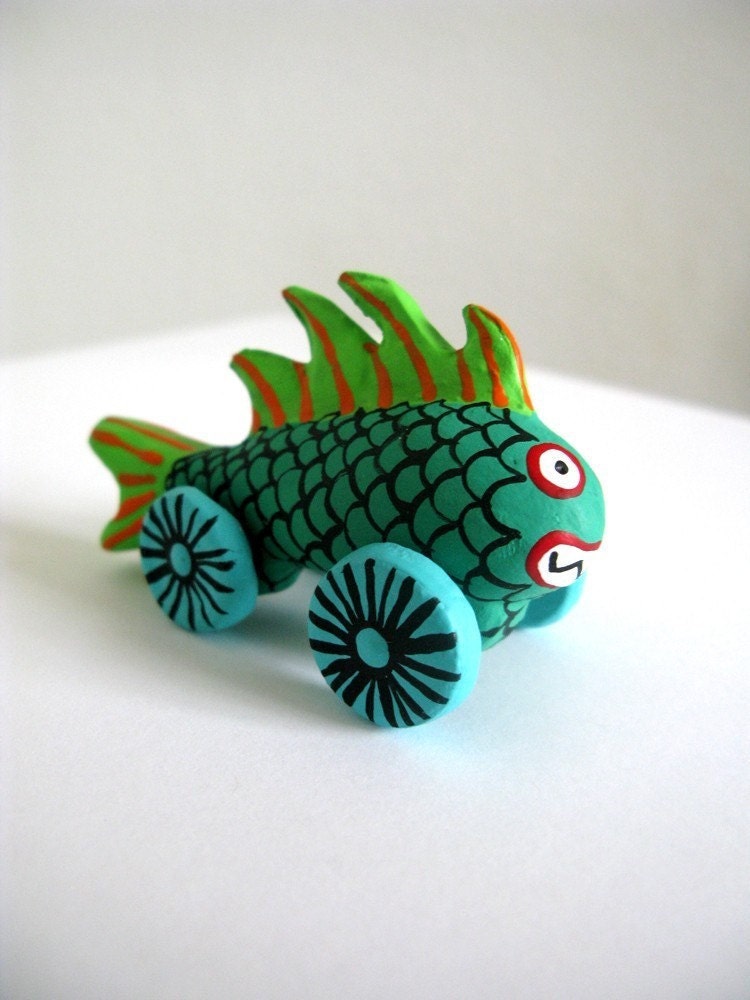 Green Rolling Monster Fish - Mini Art Pull Toy Sculpture -