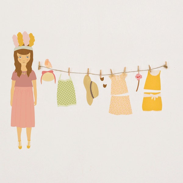 Wall Decals Paper Doll (Reusable and removable fabric stickers, not vinyl) - Spring Carnaval