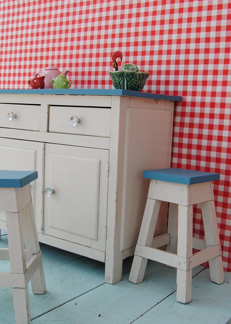 Unique 1950's vintage miniature TOY KITCHEN SET - handmade wooden furniture: cupboard & 2 stools