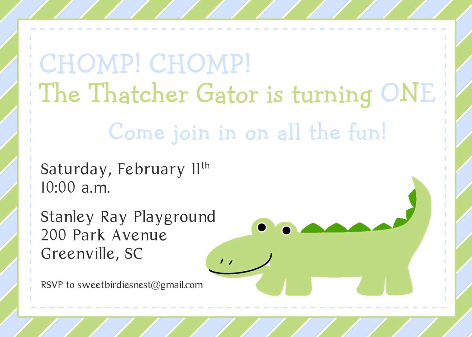 Chomp, Chomp Green and Blue Pinstripe Alligator Invitation