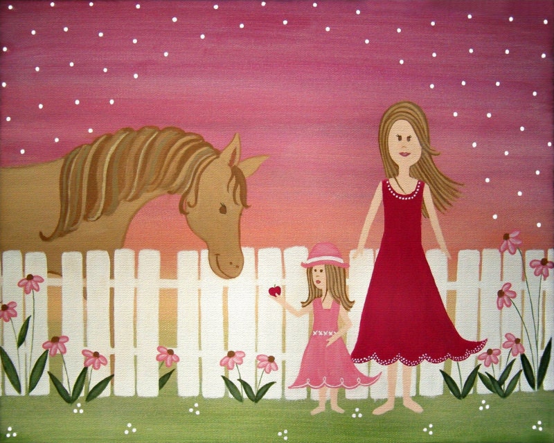 Mother & Daughter w/ Horse Kids Wall Art for Kids Room Art - Girls Kids Art Prints from Original Kids Paintings by TwoLittleWitches