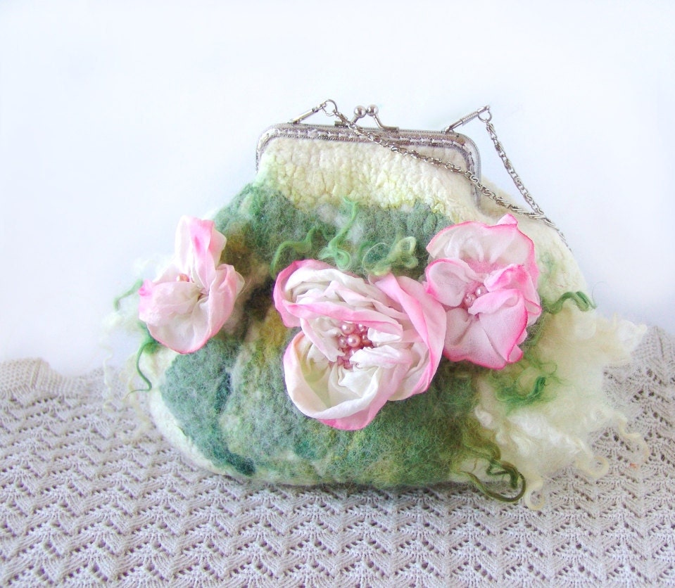 Felted purse wedding small Pink flower White Rose   under 75 spring