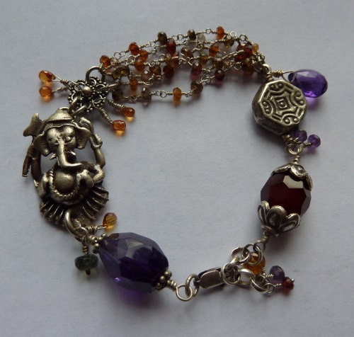 Silver Ganesh Bracelet with Tundra Sapphires, Amethyst, Carnelian and Tourmaline