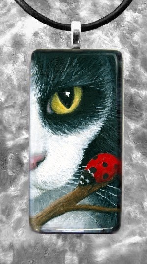 Art Glass Pendant Rectangle Jewelry Necklace, painting Cat 542 by L.Dumas
