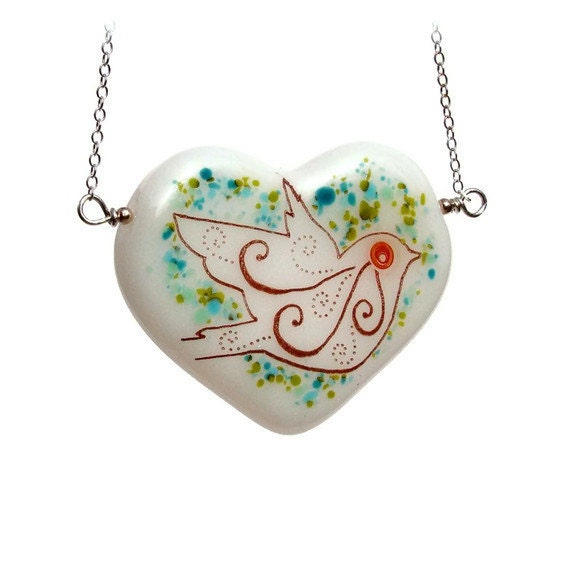Flying Dove Heart Fused Glass Necklace Sterling White Aqua
