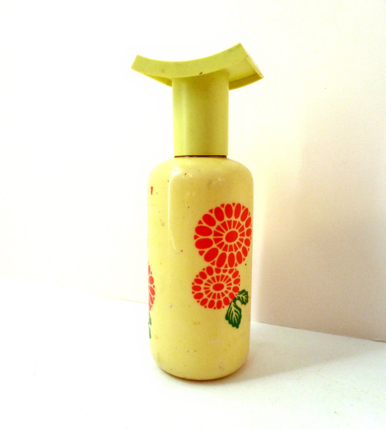 Vintage Glass Perfume Bottle - Canary Yellow With Orange Flowers - Mod Japanese Floral Design - Full Bottle - Avon Vanity Collectible
