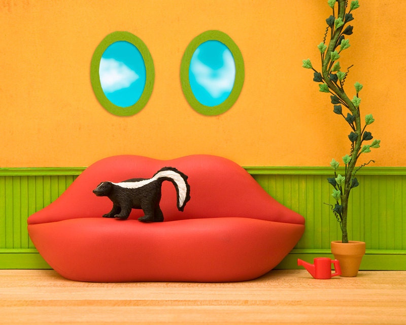 miniature skunk diorama print, bright red, surreal, yellow, and green, bocca lip sofa - Smellvador Dali 8 x 10