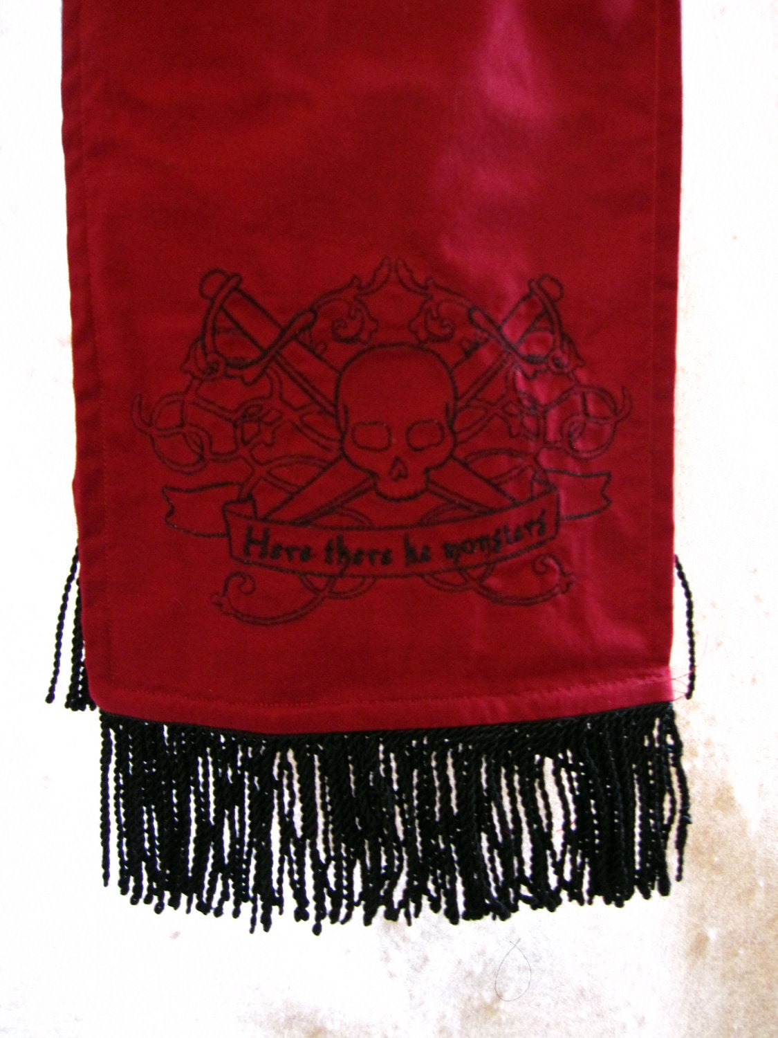 Pirate Sash, Red with "Here There Be Monsters" Embroidery