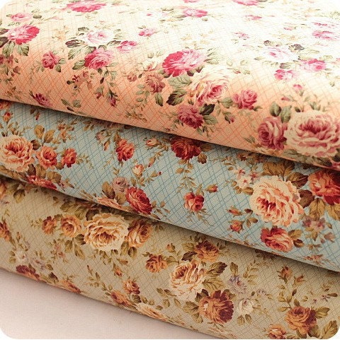 Floral Fabric/ Cotton Fabric/ Shabby chic/ Floral Cotton/ Green Pink Blue Fabric/ Spring Fabric/ Strawberry Fabric - Fabric by yard one yard