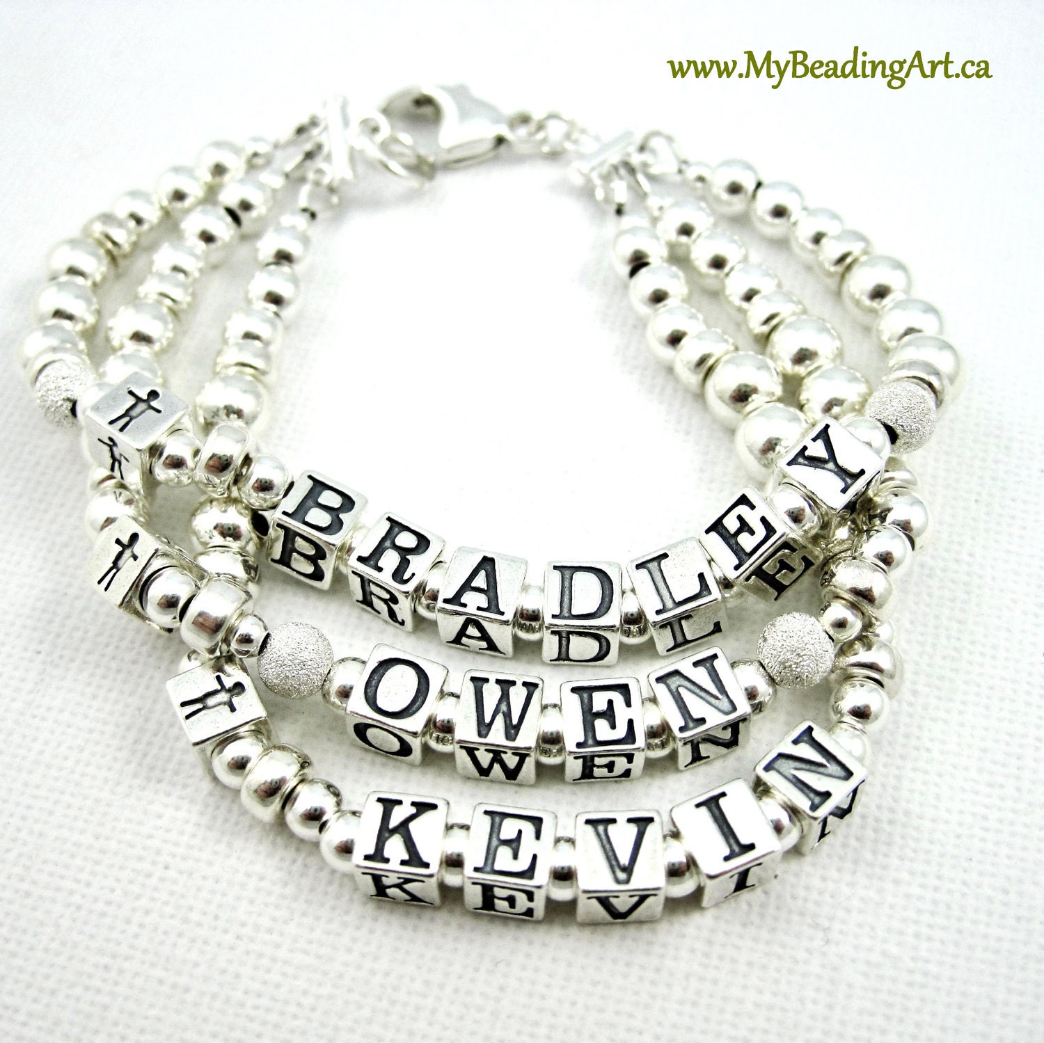 Personalized Mommy Mothers Bracelet - Sterling Silver - Clasp - Large blocks - 3 strand