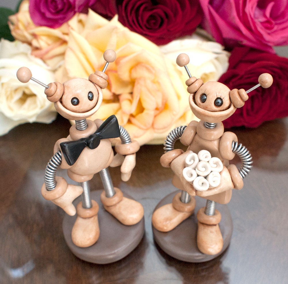 Robot Wedding Cake Topper - Neutral Tan Lightly Rustic READY TO SHIP Clay, Paint, Wire