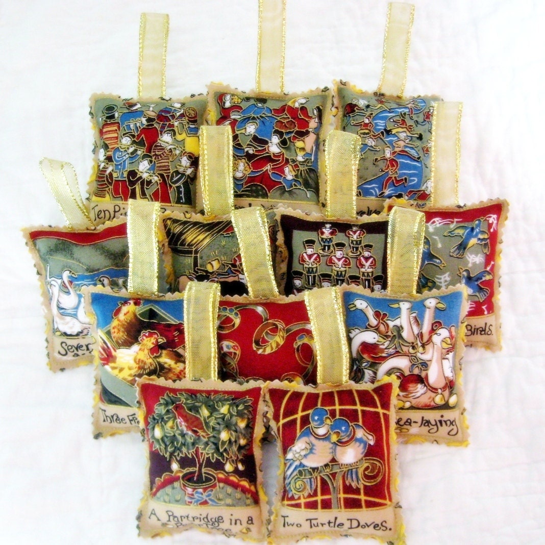 12 Days of Christmas Ornament Set  - Fabric with Gold Ribbon Hangers