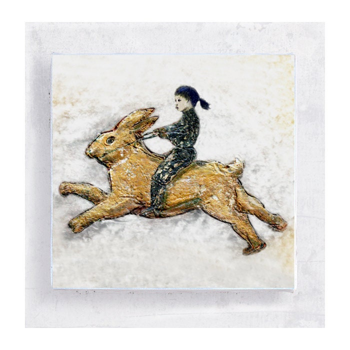 Bunny Rider  on 5x5 Canvas Print Block - She Never Looks Back - Surreal Wall Art - Home Decor