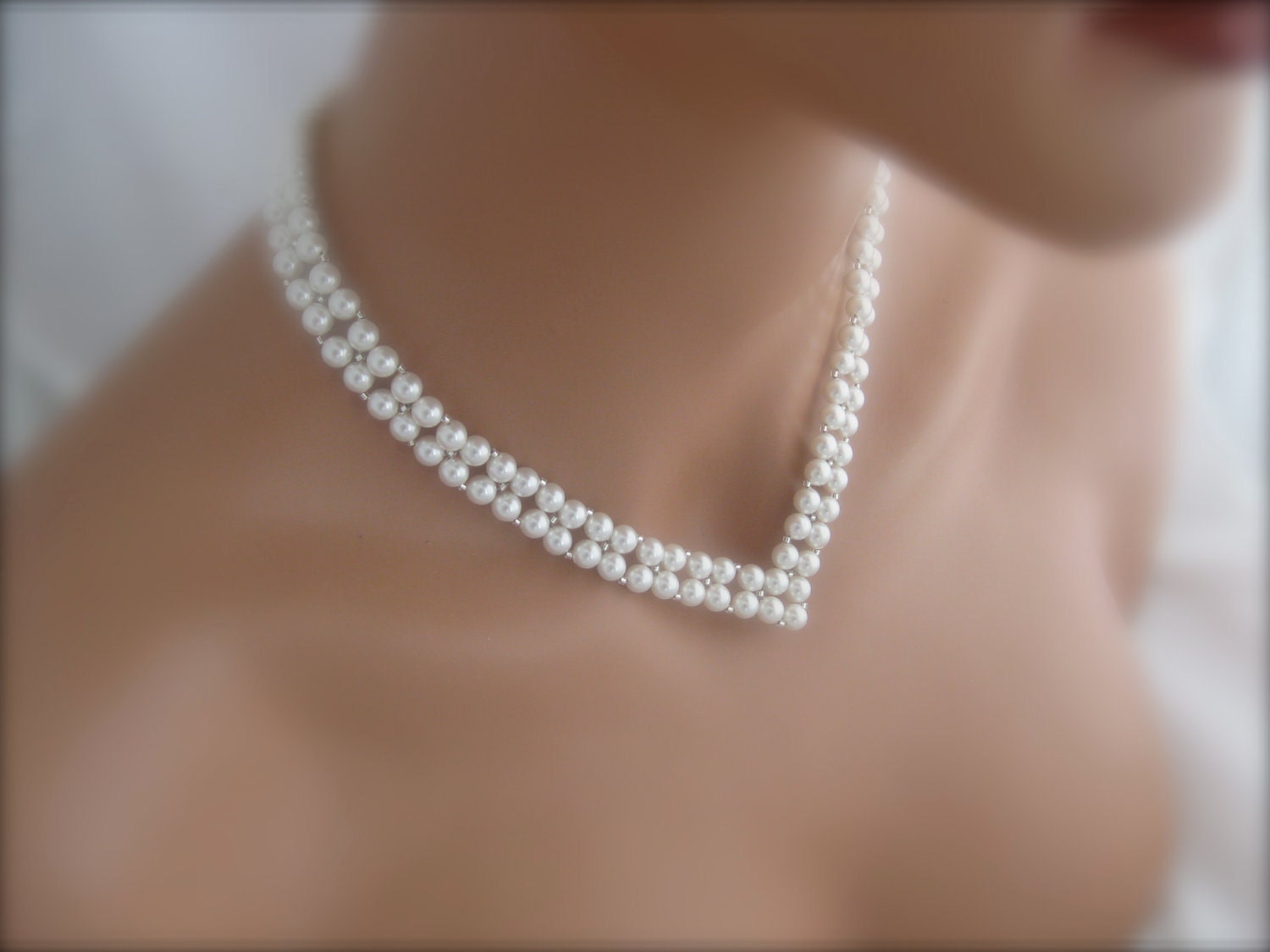 Bridal Jewelry  Swarovski V Pearl Necklace by Clairesparklesbridal from etsy.com
